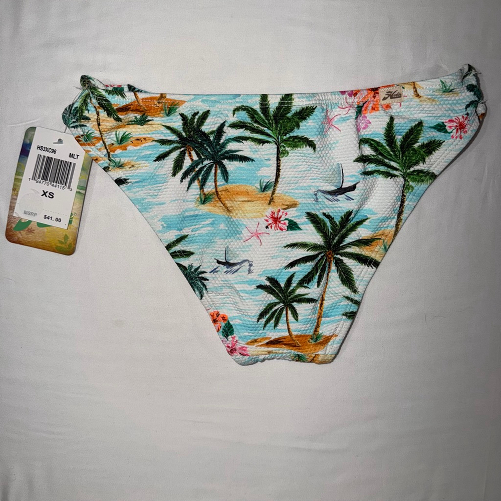 NWT Hobie Tropical Palm Tree Bikini Bottoms XS Blue White Floral Strappy Sides - Picture 3 of 8